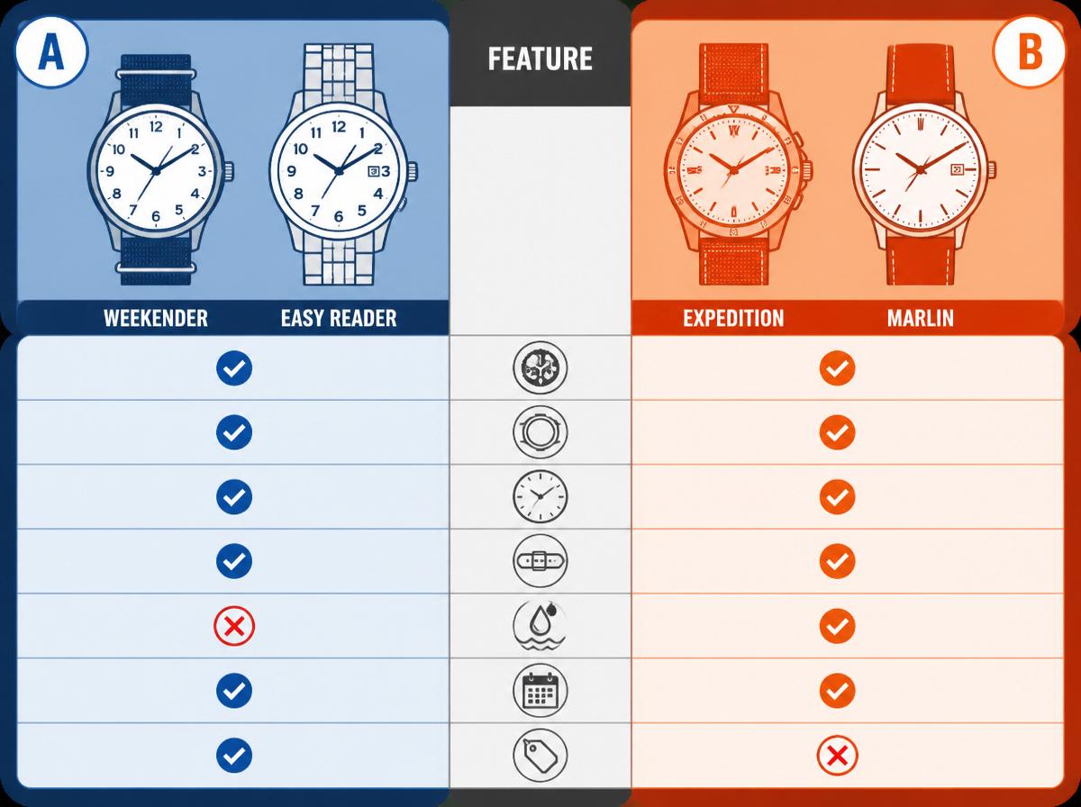 Comparison infographic: Best Timex Watches in 2026: Weekender, Expedition & Affordable American Classics